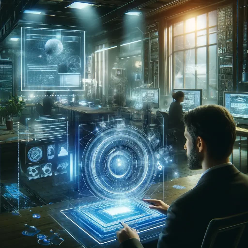 image of web engineers sitting in a futuristic lab or office, using futuristic computers