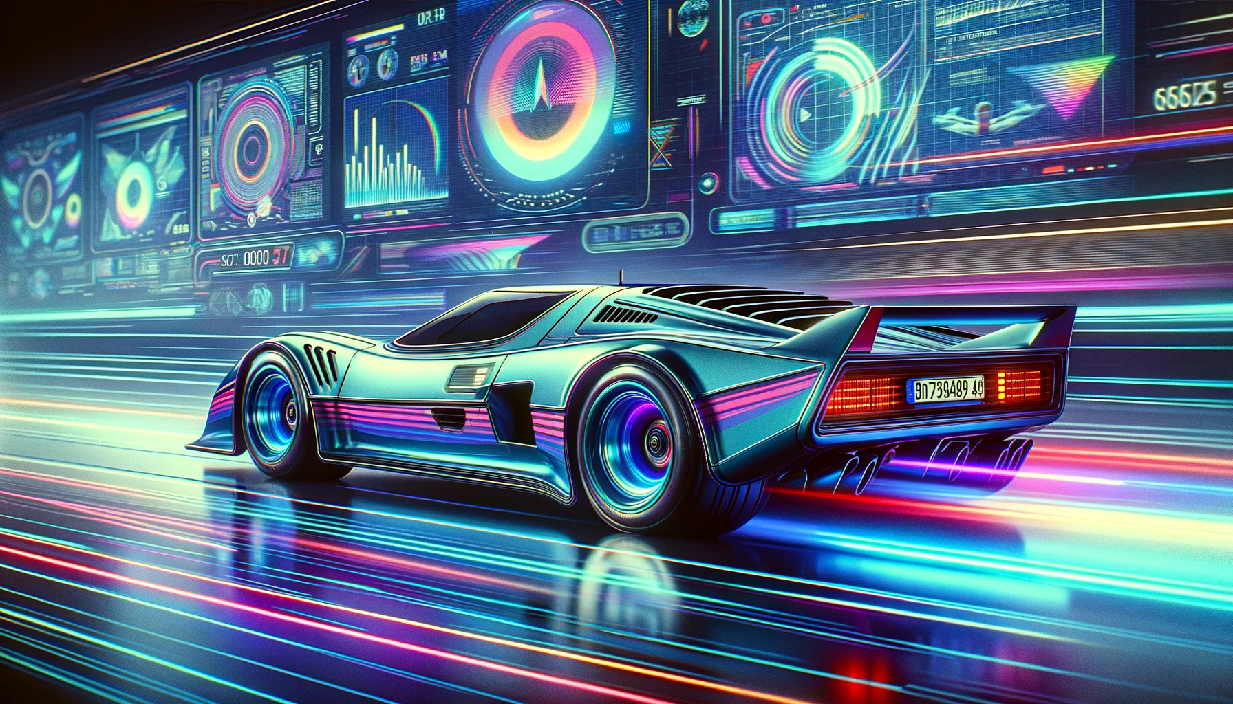 stylized image of a futuristic car racing through a high tech scene